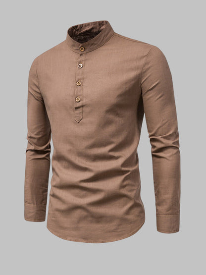 Men's Solid Color Cotton Linen Stand Collar Shirt