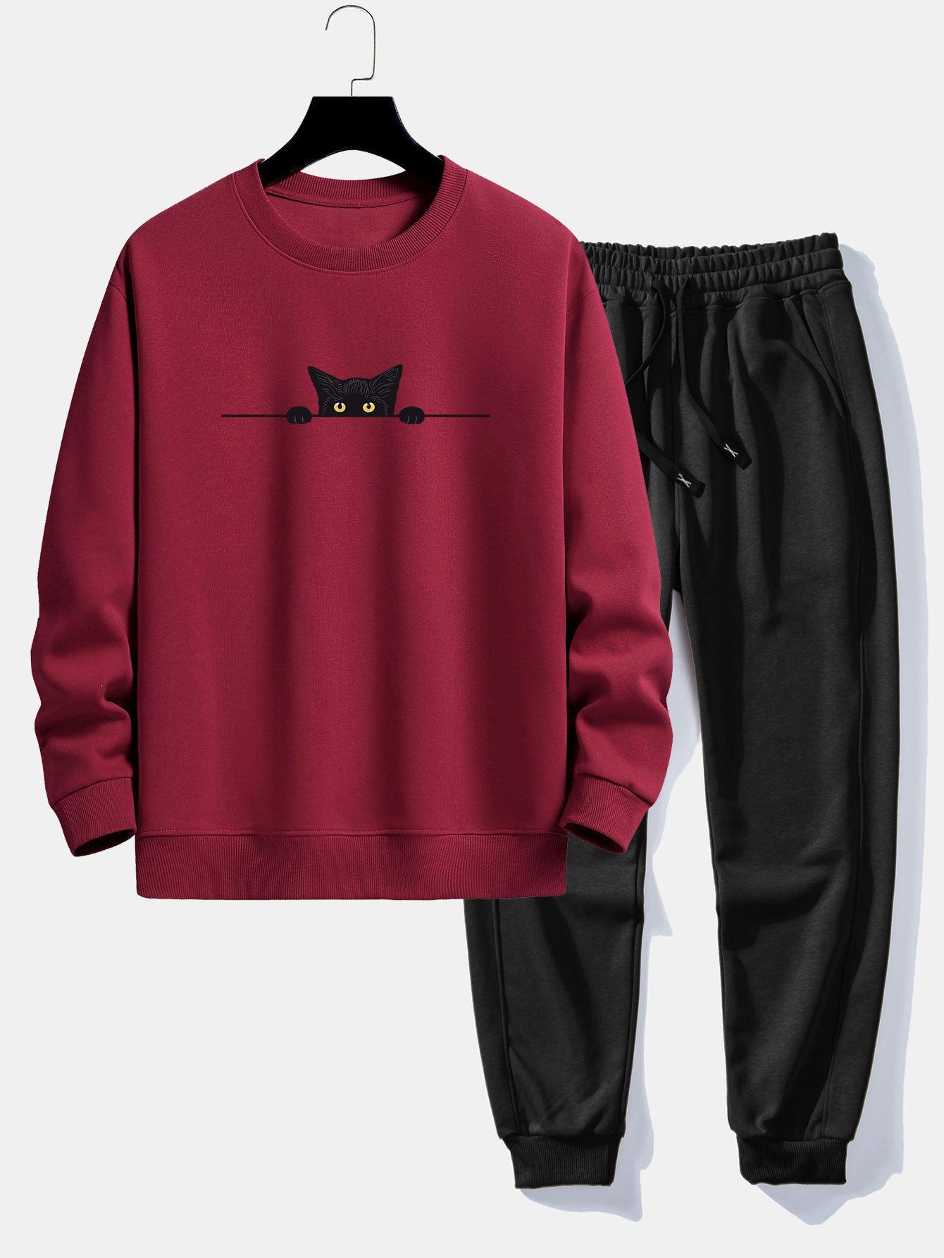 Black Cat Print Relax Fit Sweatshirt & Jogging Pants