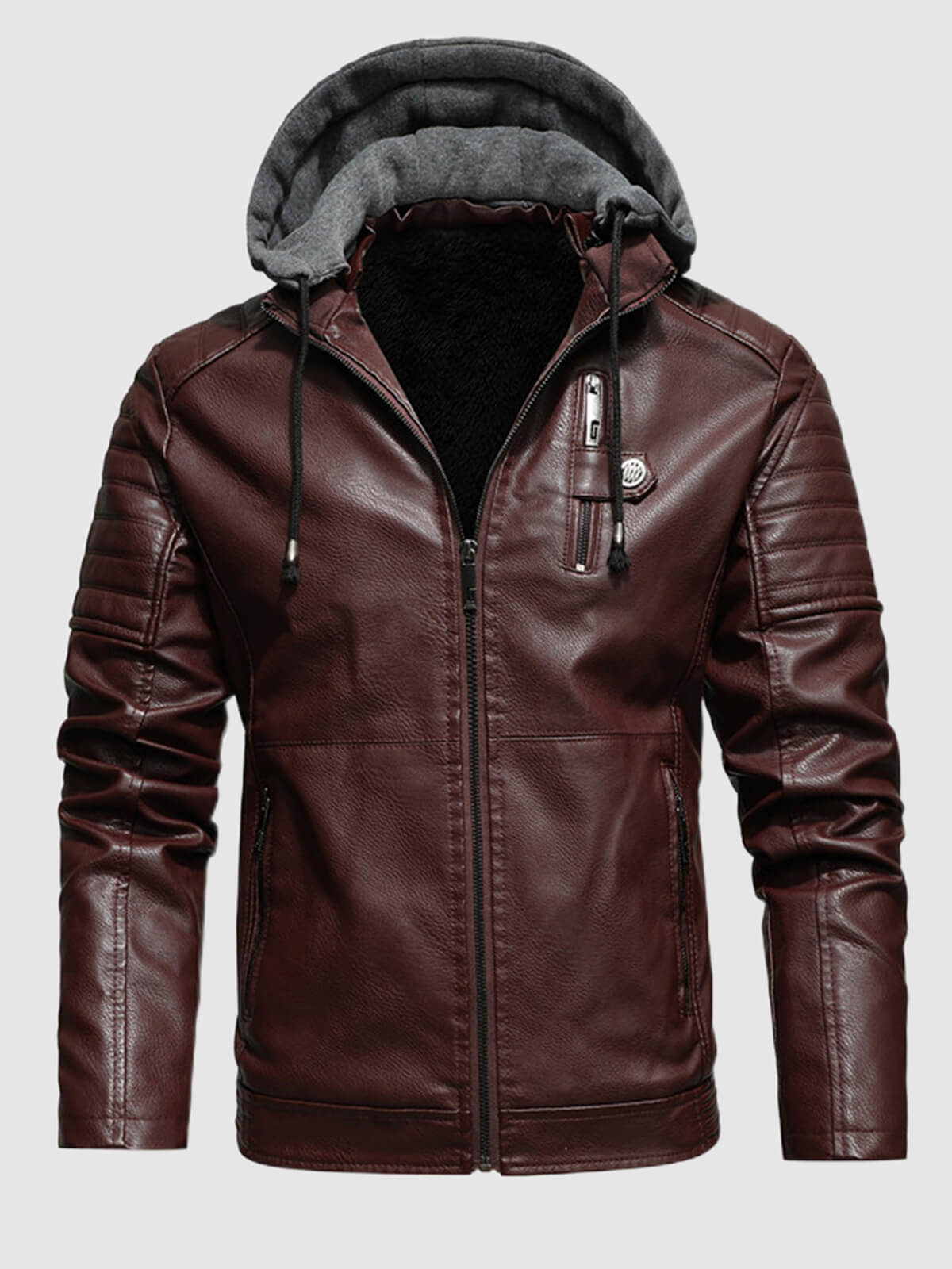 Men's Stand Collar Zipper Plush Hooded Leather Jacket