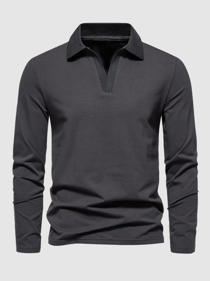 Men's Retro Solid Color V-Neck Lapel POLO Long Sleeve T-Shirt