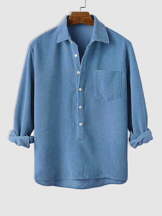 Men's Half Button Corduroy Long Sleeve Shirt-Light Blue