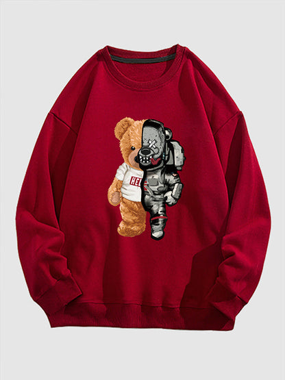 Men's bear patchwork printed casual pullover sweatshirt