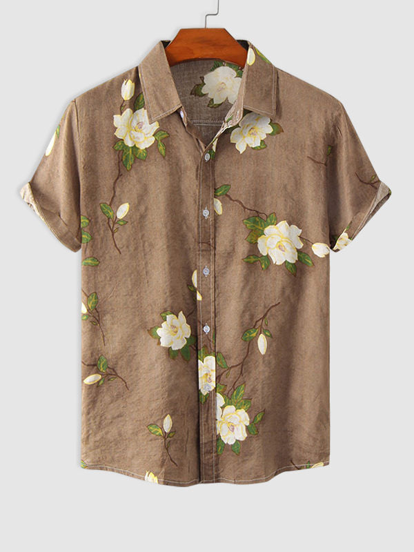 Men's Cotton Linen Printed Short Sleeve Shirt brown