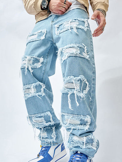 Men's Patchwork Distressed Denim Jeans