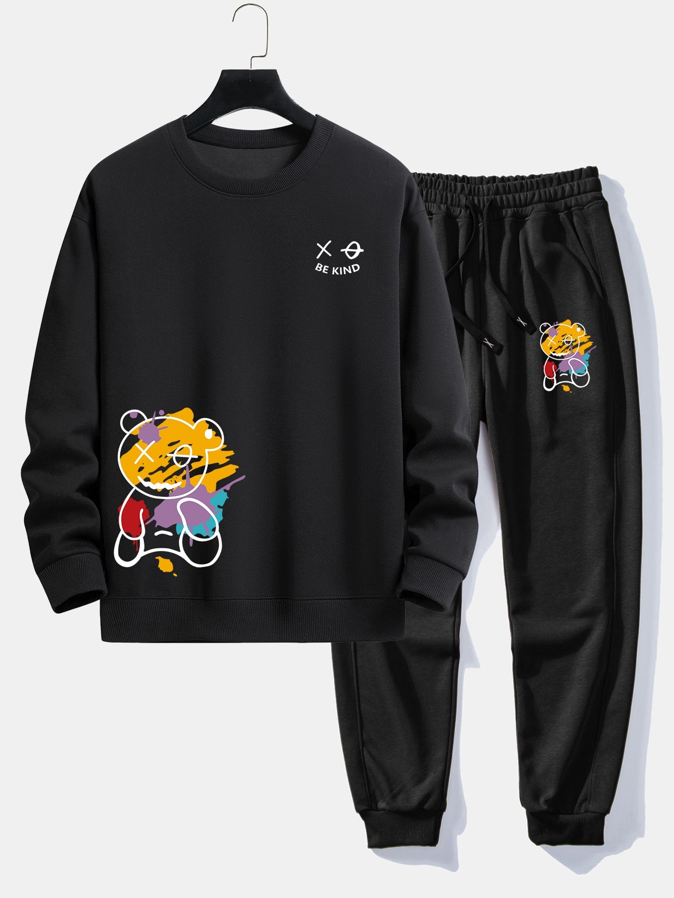 Graffiti Bear Print Relax Fit Crew Neck Sweatshirt & Jogging Pants