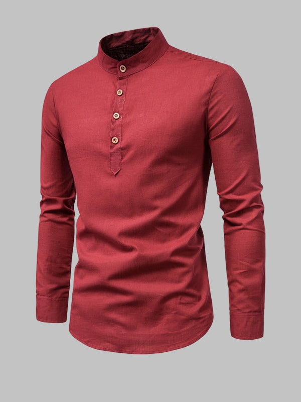 Men's Solid Color Cotton Linen Stand Collar Shirt