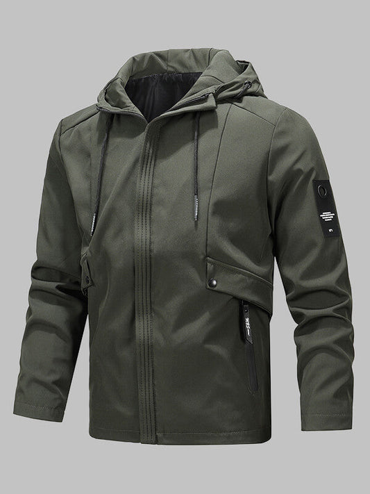 Men's solid color stylish double pocket zipper hooded jacket