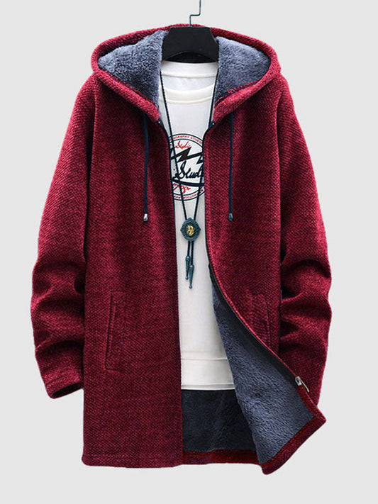 Men's Fleece-lined thickened knitted zipper Long  hooded jacket