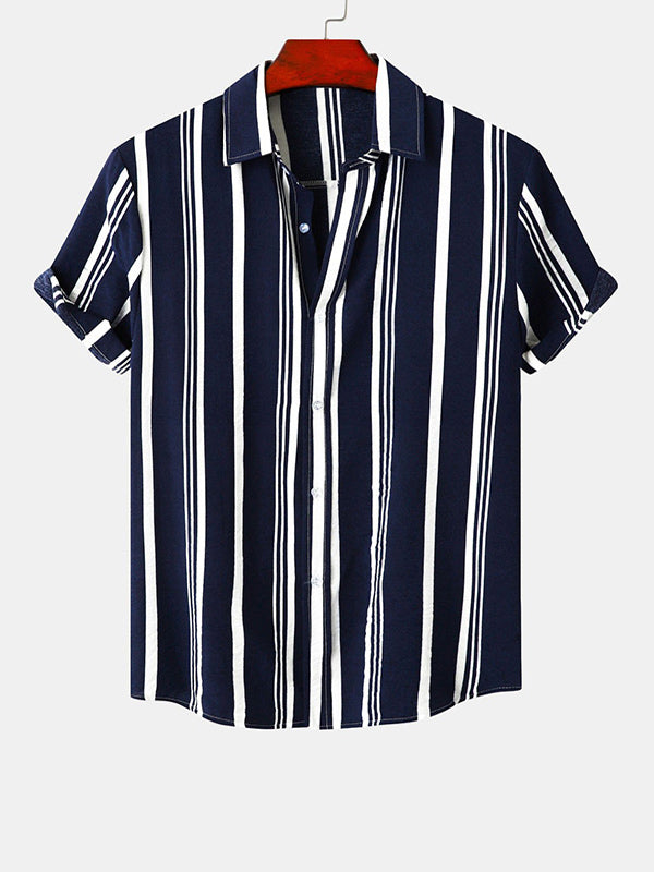 Men's Cotton Linen Stripe Short Sleeve Shirt blue