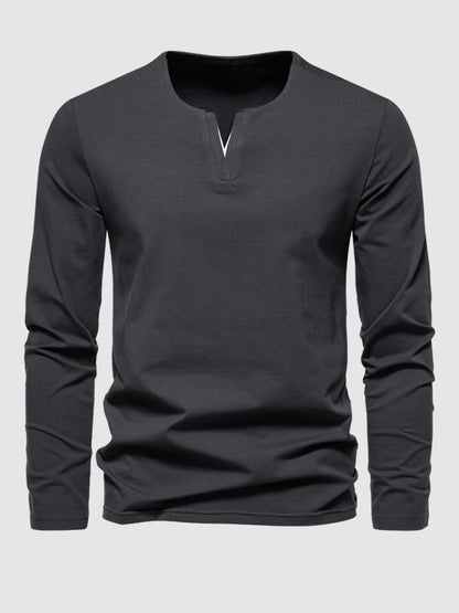 Men's Solid Color Henley V-Neck Long Sleeve Casual T-Shirt