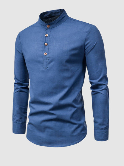 Men's Solid Color Cotton Linen Stand Collar Shirt