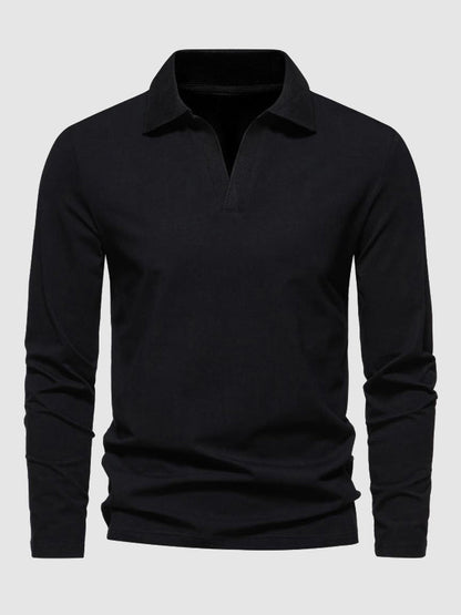 Men's Retro Solid Color V-Neck Lapel POLO Long Sleeve T-Shirt