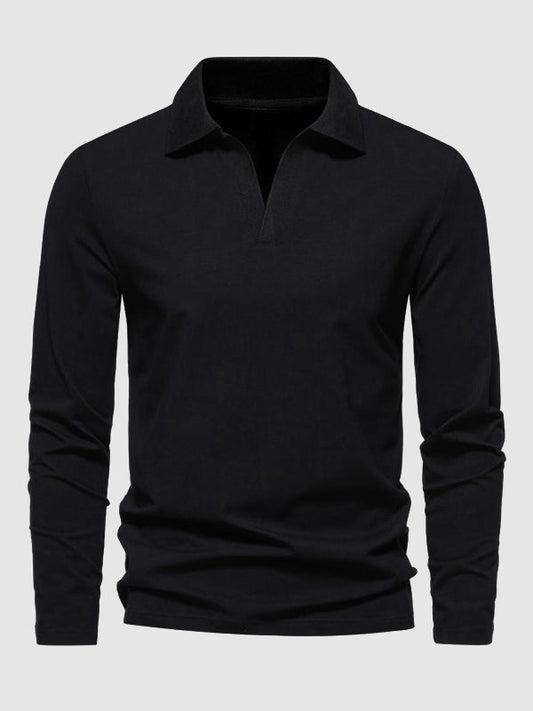 Men's Retro Solid Color V-Neck Lapel POLO Long Sleeve T-Shirt