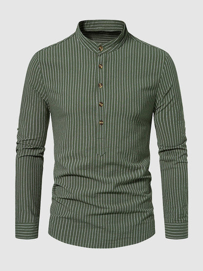 Men's cotton-linen stand collar half button striped casual long sleeve shirt