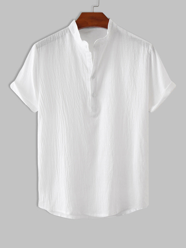 Men's Cotton Linen Textured Half Placket Short Sleeve Shirt white