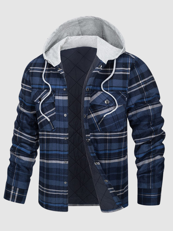 Men's hooded  plaid thickened warm button shirt jacket