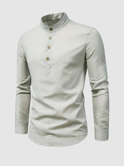 Men's Solid Color Cotton Linen Stand Collar Shirt