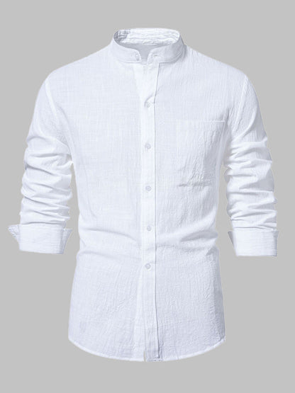 Men's cotton-linen stand collar casual long-sleeved shirt