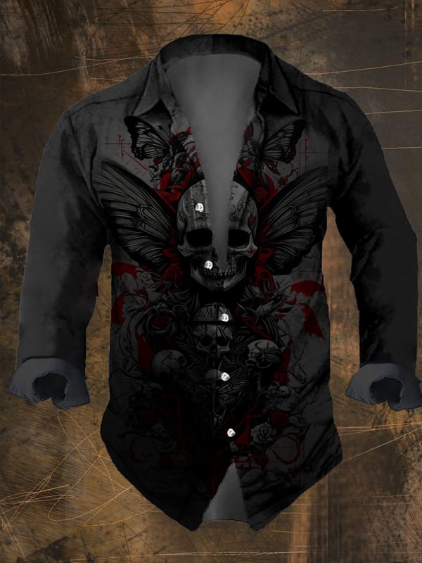 Men's Vintage Dark Skull Print Long Sleeve Shirt