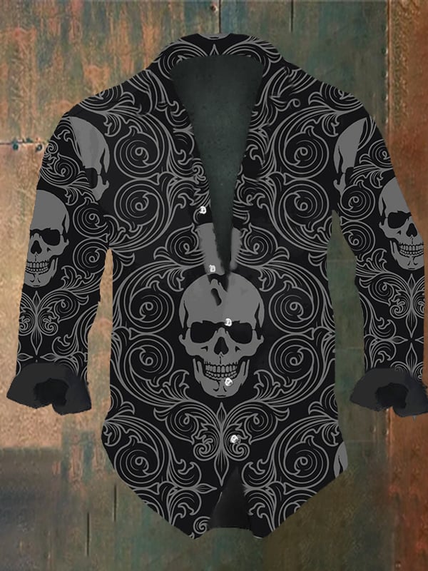 Men's Vintage Dark Skull Print Long Sleeve Shirt