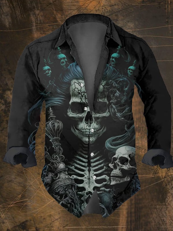 Men's Vintage Dark Skull Print Long Sleeve Shirt