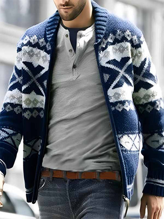 Men's Vintage Jacquard Lapel Knitted Sweater Jacket