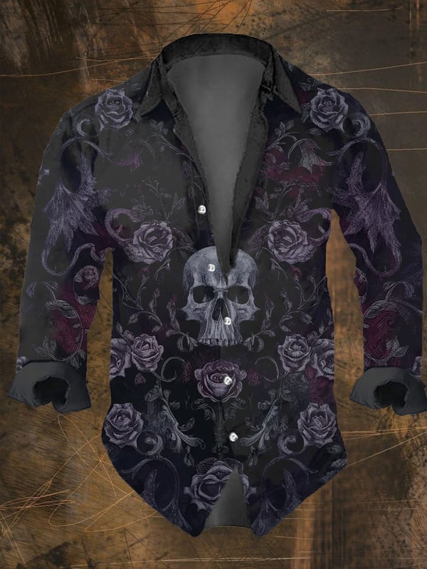 Men's Vintage Dark Skull Print Long Sleeve Shirt