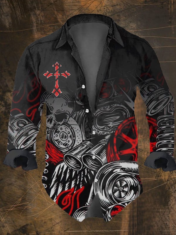 Men's Vintage Dark Skull Print Long Sleeve Shirt