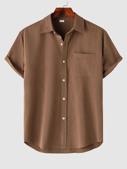 Men's Solid cotton casual lapel solid color short-sleeved shirt