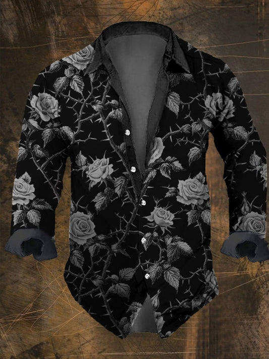 Men's Vintage Thorn Rose Print Long Sleeve Shirt