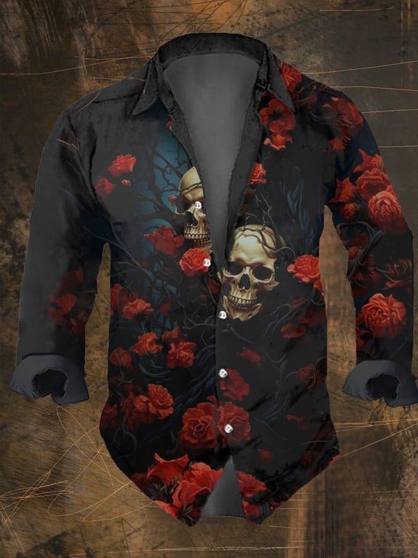 Men's Vintage Dark Skull Print Long Sleeve Shirt