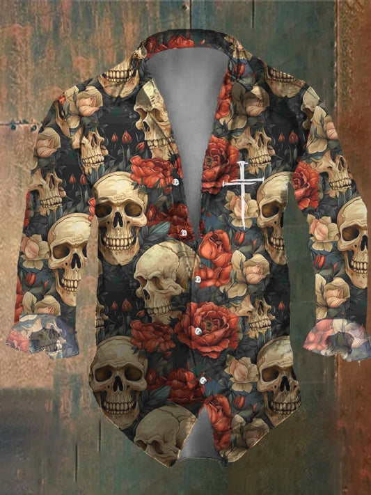 Men's Vintage Dark Skull Print Long Sleeve Shirt