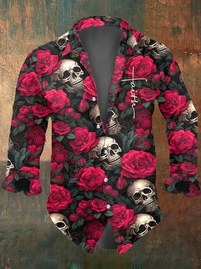 Men's Dark Skull Print Long Sleeve Shirt