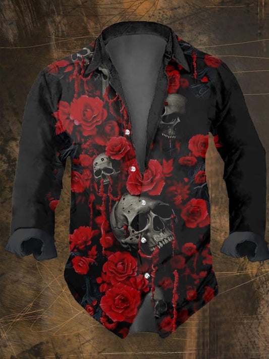 Men's Vintage Dark Skull Print Long Sleeve Shirt