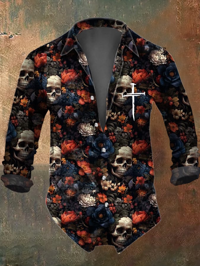 Men's Floral Skull Print Long Sleeve Shirt