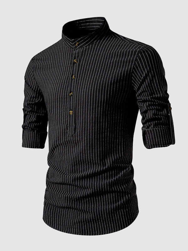 Men's cotton-linen stand collar half button striped casual long sleeve shirt