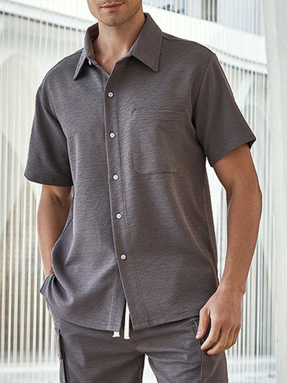 Men's Solid Color Textured Button-Down Short Sleeve Shirt