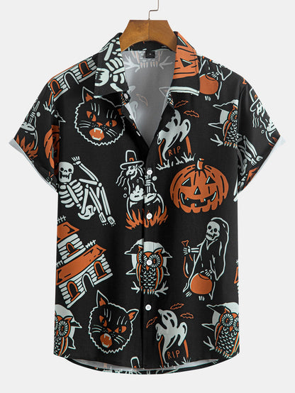 Skeleton Ghost Black Cat Button Up Shirt