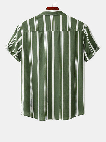 Men's Cotton Linen Stripe Short Sleeve Shirt green