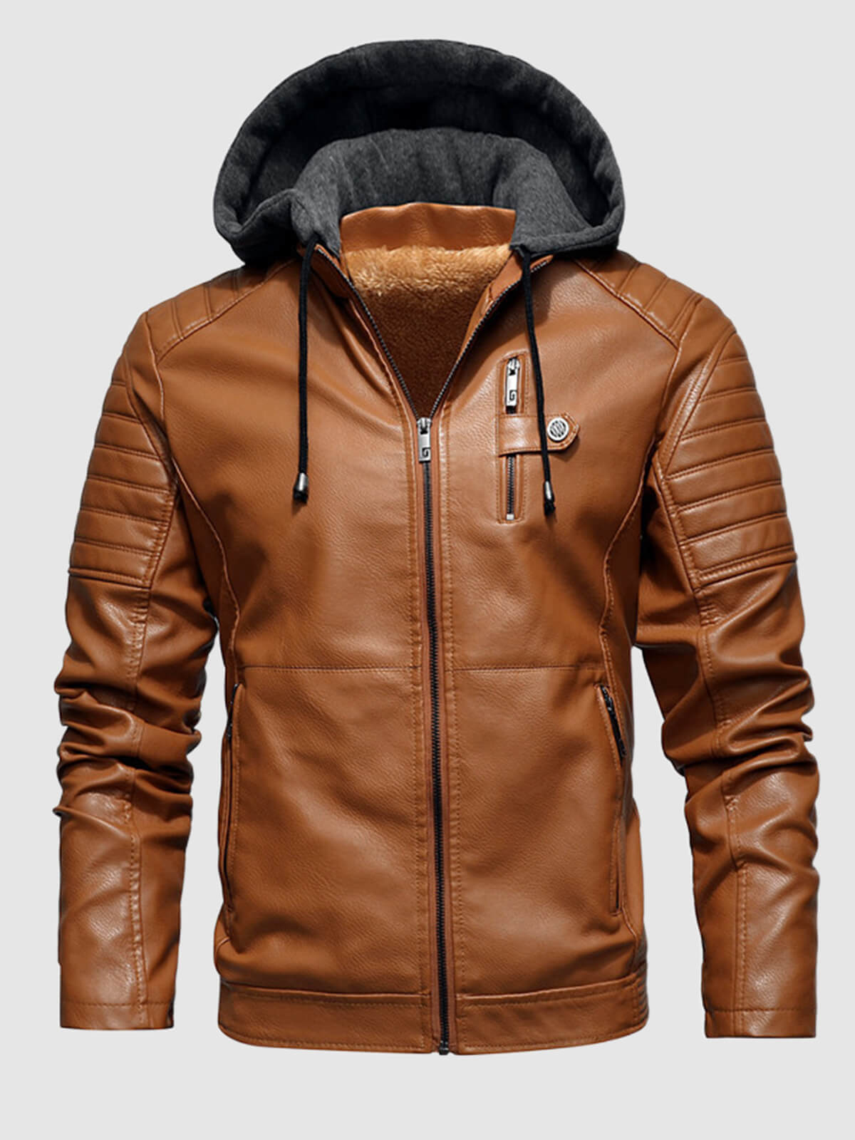 Men's Stand Collar Zipper Plush Hooded Leather Jacket