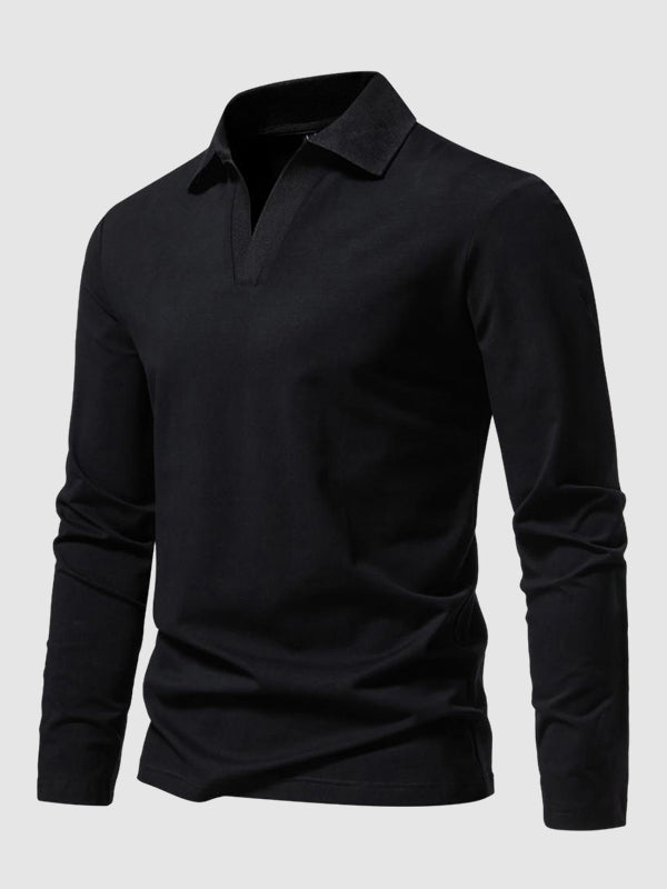 Men's Retro Solid Color V-Neck Lapel POLO Long Sleeve T-Shirt