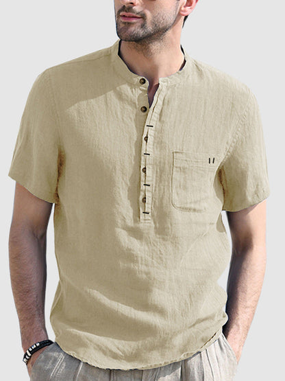 Men's cotton-linen Henley collar solid color short-sleeved shirt