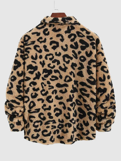 Men's Leopard Print Fleece Single Pocket Button Jacket