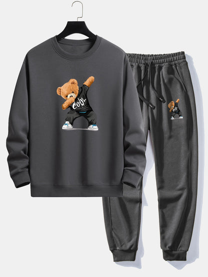 Cool Bear Print Relax Fit Crew Neck Sweatshirt & Jogging Pants Set