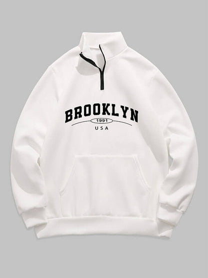 Men's "BROOKLYN" letter print quarter-zip stand collar sweatshirt