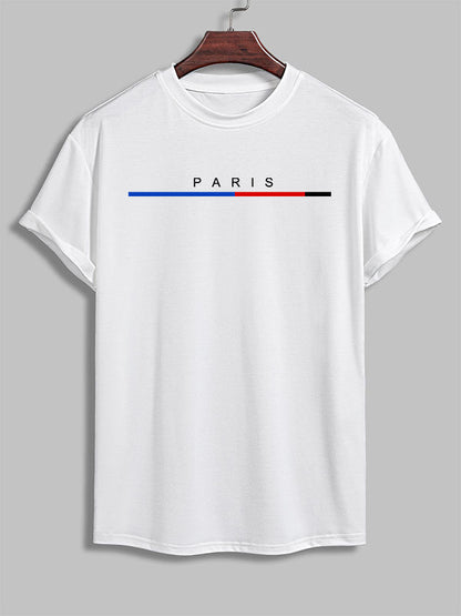 Men's "Paris" letter print casual round neck short sleeve T-shirt