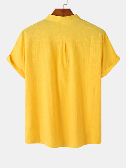 Men's Cotton Linen Textured Half Placket Short Sleeve Shirt yellow