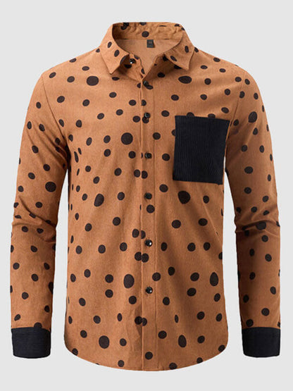 Men's corduroy retro casual polka dot print long sleeve shirt