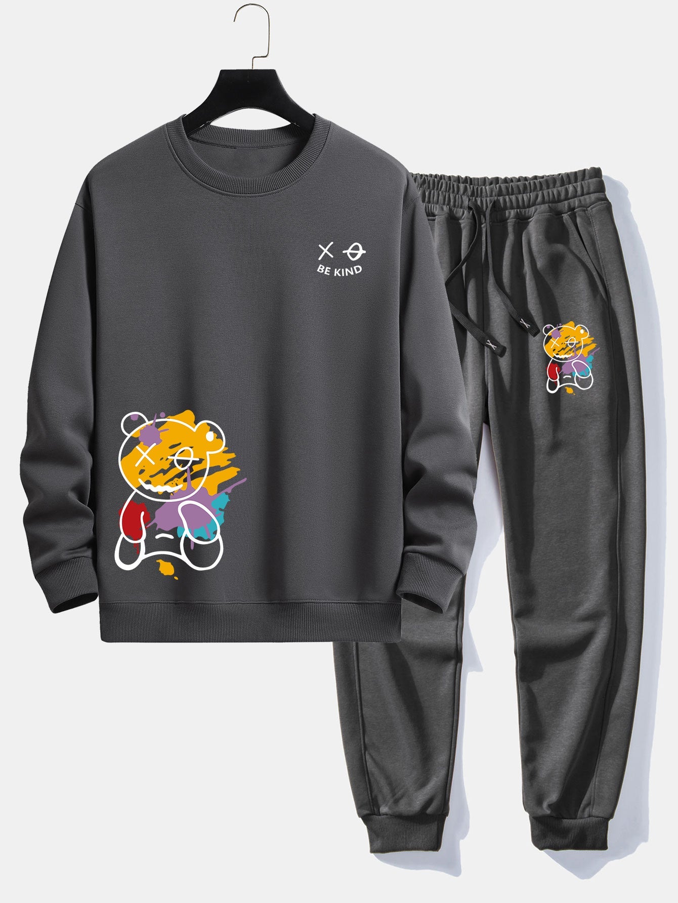 Graffiti Bear Print Relax Fit Crew Neck Sweatshirt & Jogging Pants