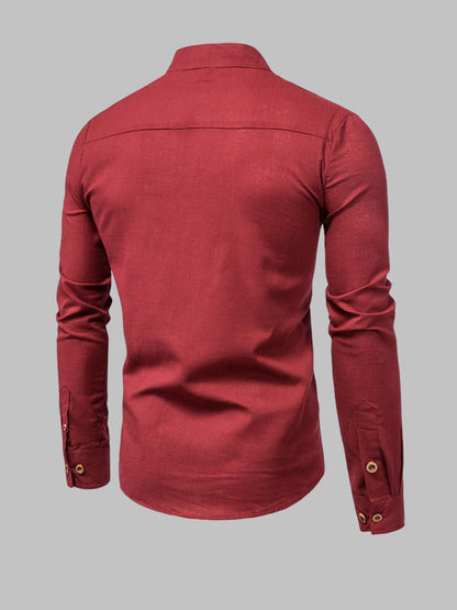 Men's Solid Color Cotton Linen Stand Collar Shirt